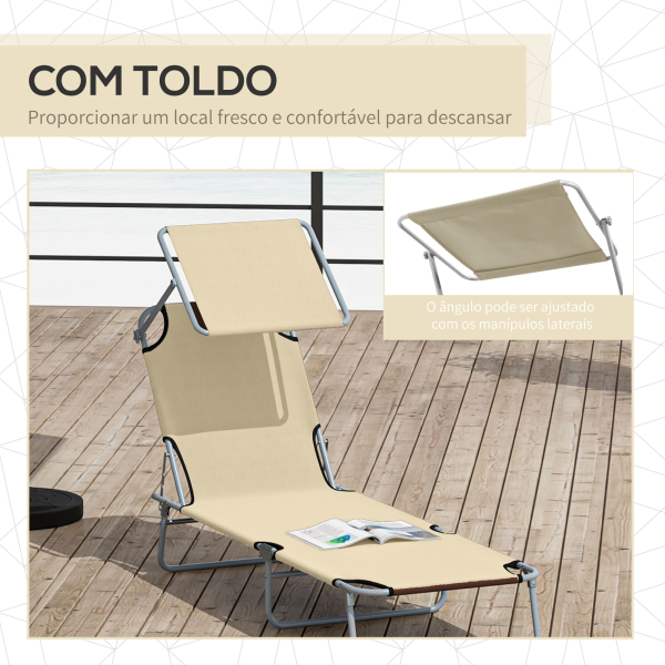 Outsunny Espreguiçadeira de Jardim Dobrável com Toldo Removível e Ajustável  e Encosto Ajustável 187x58x36 cm Bege - Image 6