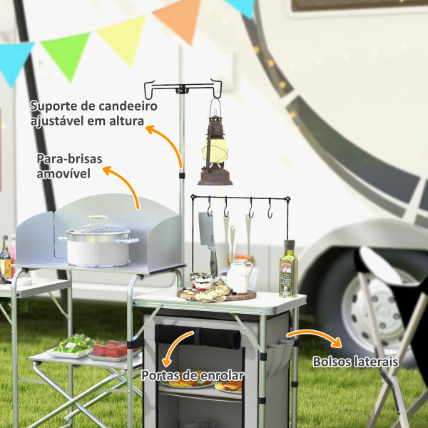 Outsunny Móvel de Cozinha para Campismo Dobrável com Mesas Estante Suporte de Luz e Ganchos 144x48x119 cm Prata e Cinza Claro - Image 5