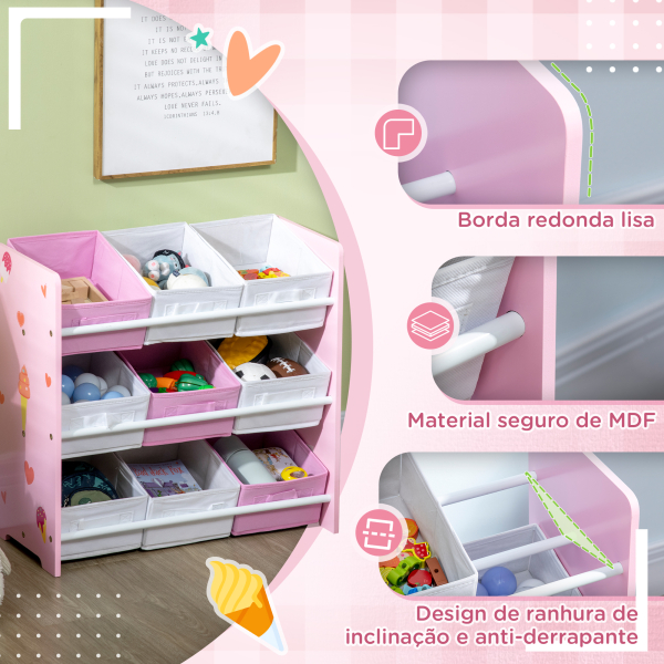 ZONEKIZ Estante para Brinquedos com 9 Caixas de Tecido não Tecido Amovíveis Organizador de Brinquedos 63x30x60 cm Rosa - Image 5