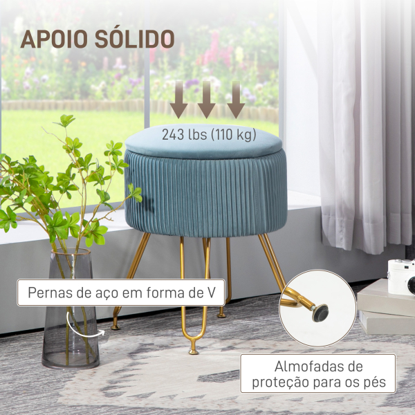 HOMCOM Puff de Armazenamento Estofado em Veludo Banco de Armazenamento com Pés de Aço Ø40x48 cm Azul Claro - Image 7