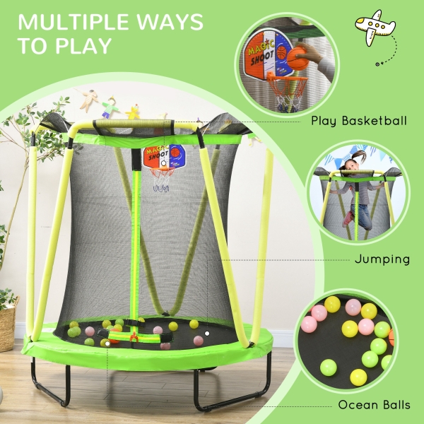 ZONEKIZ Trampolim Infantil Ø140x155 cm Trampolim para Crianças de 3-10 Anos com Cesta de Basquetebol e 20 Bolas de Plástico Verde - Image 8