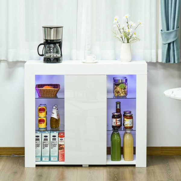 HOMCOM Aparador Moderno com Luzes LED Móvel Buffet com 1 Porta com Fechamento a Pressão e Prateleiras Ajustáveis Controle Remoto 97x35x83cm Branco - Image 9