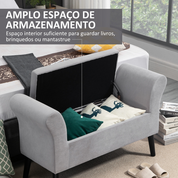 HOMCOM Banco para Pé de Cama Estofado em Veludo com Tampa Apoio para os Braços Pés de Madeira 111,5x41x65cm Cinza Claro - Image 4