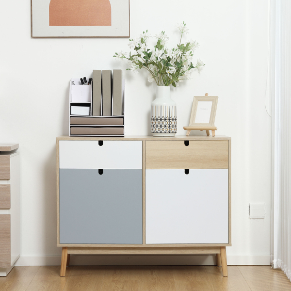 HOMCOM Aparador Auxiliar Móvel de Armazenamento com 2 Armários Fechados e 2 Gavetas Pés Elevados de Madeira de Pinho para Cozinha Dormitório Entrada 100x40x79,5cm Branco Cinza Madeira - Image 7