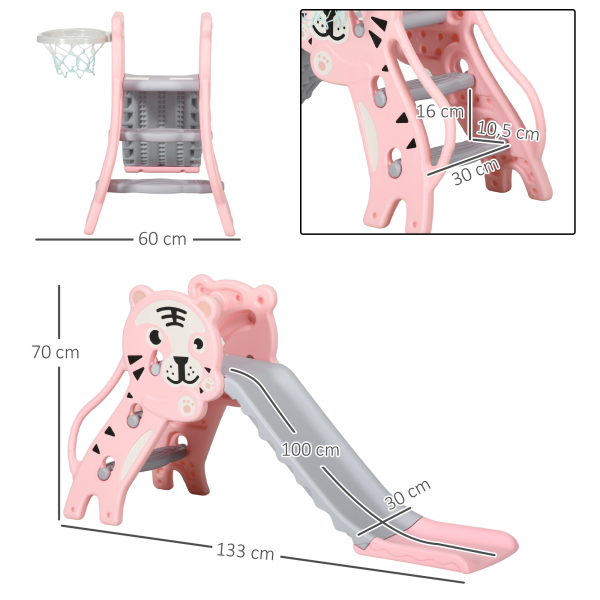 AIYAPLAY Escorrega para Crianças 2 em 1 com 2 Degraus Cesta de Basquetebol e Desenho de Tigre para Interior 133x60x70 cm Rosa - Image 3