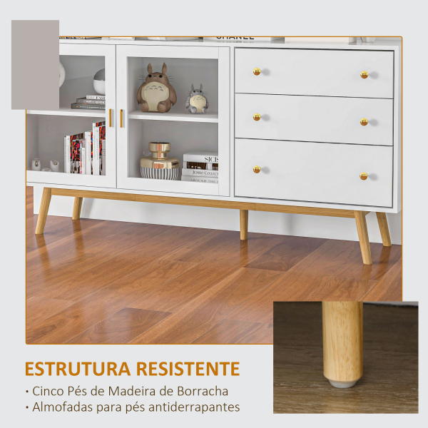 HOMCOM Aparador de Sala de Estar com 2 Portas de Vidro 3 Gavetas e Pés de Madeira de Borracha 160x40x80 cm Branco e Madeira - Image 5