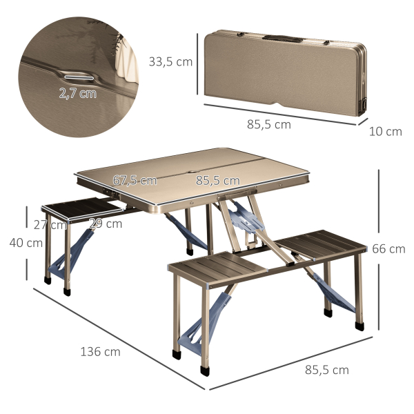 Outsunny Mesa de Campismo Dobrável com 4 Assentos Orifício para Chapéu de Sol e Estrutura de Alumínio para Praia Piquenique 136x85,5x66cm Prata - Image 3