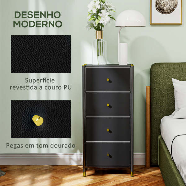 HOMCOM Cómoda para Dormitório Cómoda de Tecido com 4 Gavetas Dobráveis com Frentes de Couro PU 46x30x98 cm Preto - Image 5