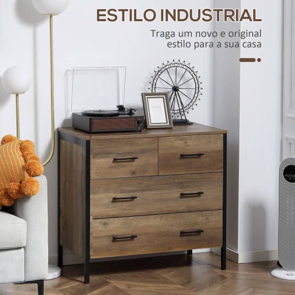 HOMCOM Cómoda com 4 Gavetas Cómoda de Madeira para Dormitório Móvel de Armazenamento Estilo Industrial 80x40x75cm Marrom e Preto - Image 5