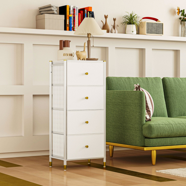 HOMCOM Cómoda para Dormitório Cómoda de Tecido com 4 Gavetas Dobráveis com Frentes de Couro PU 46x30x98 cm Branco - Image 7
