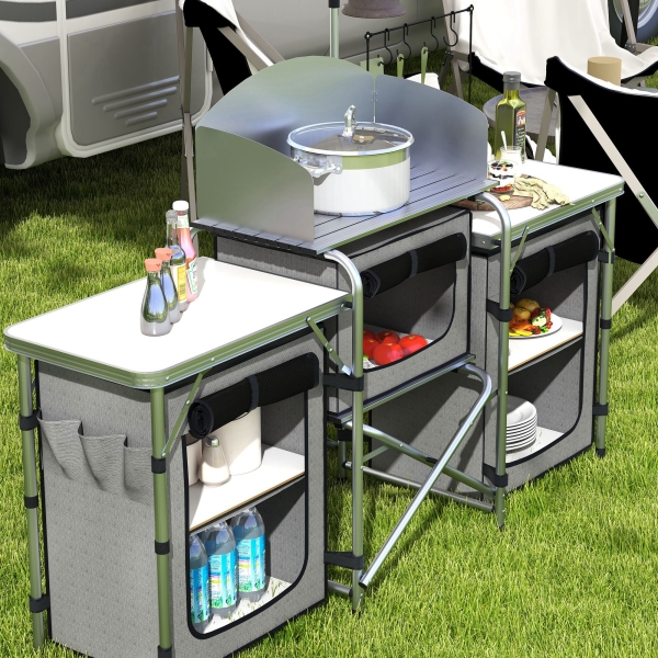 Outsunny Móvel de Cozinha para Campismo Armário Dobrável com 3 Tampos 3 Armários Suporte de Luz 4 Ganchos 172x48x119 cm Cinza - Image 8