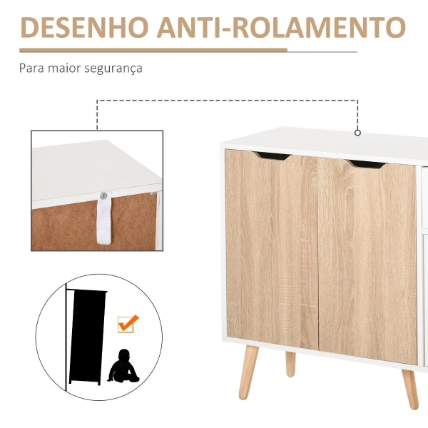 HOMCOM Aparador Móvel Auxiliar de Armazenamento com 2 Armários de Porta Gaveta Pés de Madeira para Sala de Estar Cozinha Dormitório 90x30x72cm Natural e Branco - Image 6