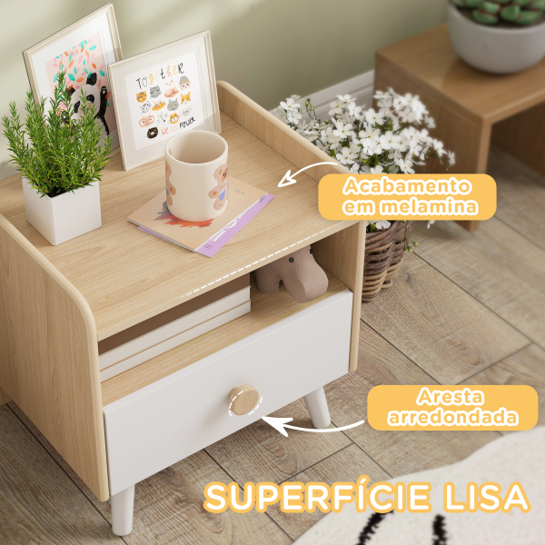 AIYAPLAY Mesa de Cabeceira Infantil de Madeira Mesa de Cabeceira para Crianças com Gaveta Bordas Redondas 40x32,5x40 cm Branco e Madeira - Image 7