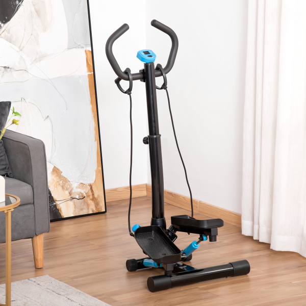 HOMCOM Máquina de Step Fitness com Guiador Ajustável em Altura Tela LCD Bandas Elásticas Pedais Antiderrapantes Equipamento de Exercício para Academia em Casa 55x53x118-128cm Preto - Image 2