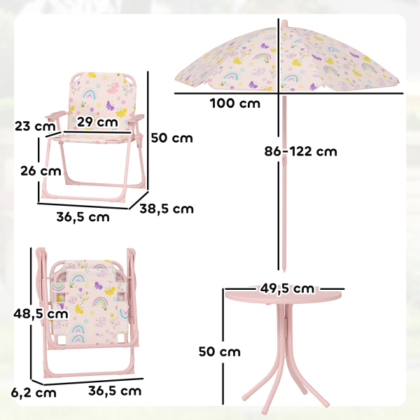 AIYAPLAY Conjunto de Mesa e Cadeiras para Crianças de Jardim com Cadeiras Dobráveis Chapéu de Sol Ajustável e Desenho de Raposas Rosa - Image 3