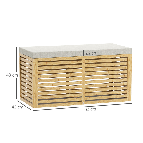 HOMCOM Baú de Arrumação para Dormitório 122L Estofado em Linho Sintético com Almofada Estrutura de Bambu 90x42x43 cm Cinza e Madeira - Image 3