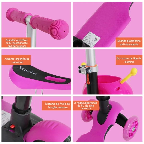HOMCOM 5 em 1 trotinete para crianças de acima de 1 ano 3 rodas trotinete com assento removível guiador ajustável 62x25x72,5 cm Rosa - Image 5