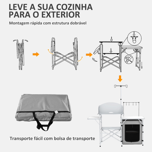 Outsunny Móvel de Cozinha para Campismo Dobrável com Mesas Estante Suporte de Luz e Ganchos 144x48x119 cm Prata e Cinza Claro - Image 6