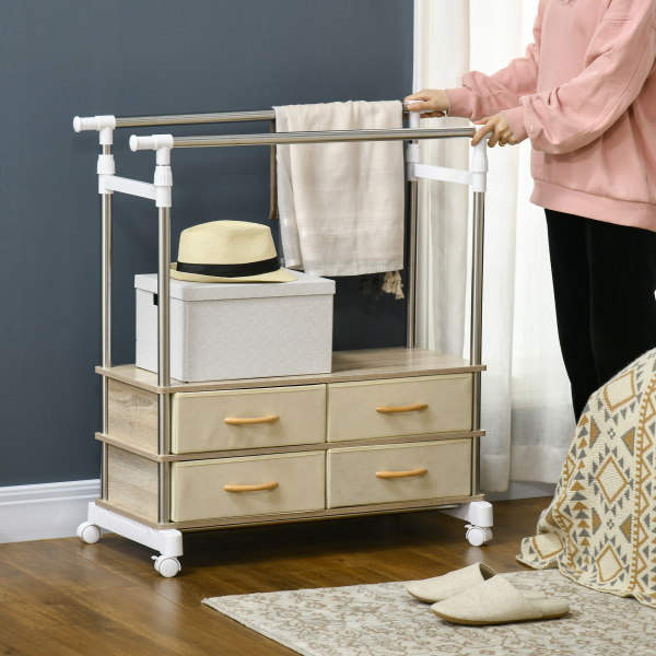 HOMCOM Charriot de Roupa com Rodas Altura Ajustável Barras Extensíveis e 4 Gavetas de Tecido  88-148x42x93-160 cm Bege - Image 7