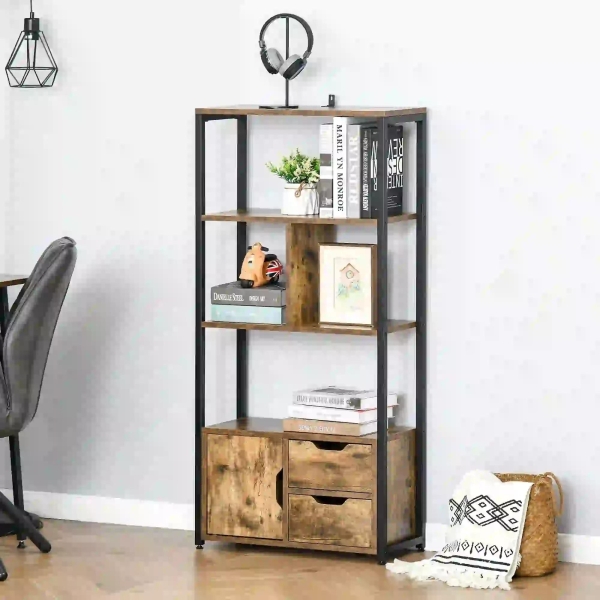 HOMCOM Estante para Livros com Armário e 2 Gavetas de Armazenamento Estante Estilo Industrial para Escritório Sala de Estar 58x24x122cm Marrom Rústico - Image 9
