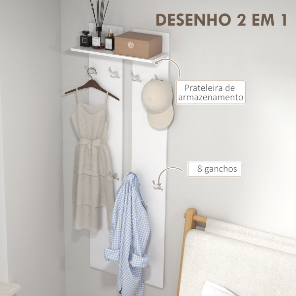 HOMCOM Móvel Cabide de Entrada de Parede Móvel de Entrada Moderno com 8 Ganchos e Prateleira  55x21,3x170 cm Branco - Image 5