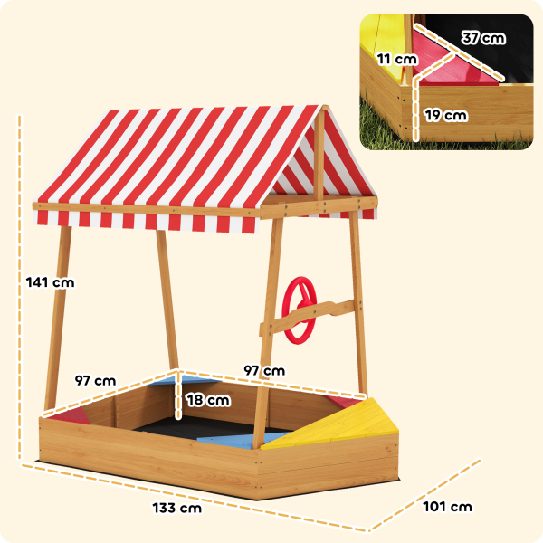 AIYAPLAY Caixa de Areia para Crianças em Forma de Barco com Toldo e Assentos Caixa de Areia para Exterior 133x101x141 cm Madeira - Image 3