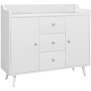 HOMCOM Aparador Sala de Estar Moderno com 2 Portas 3 Gavetas e Pés de Madeira de Pinho 90x32x80 cm Branco