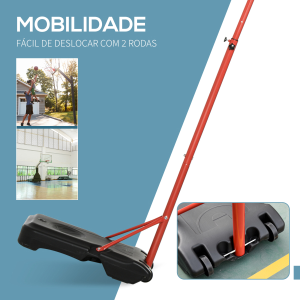 HOMCOM Tabela de Basquetebol com Altura Ajustável 194-249 cm Rodas e Base Recarregável para Adolescentes e Adultos Vermelho e Preto - Image 6
