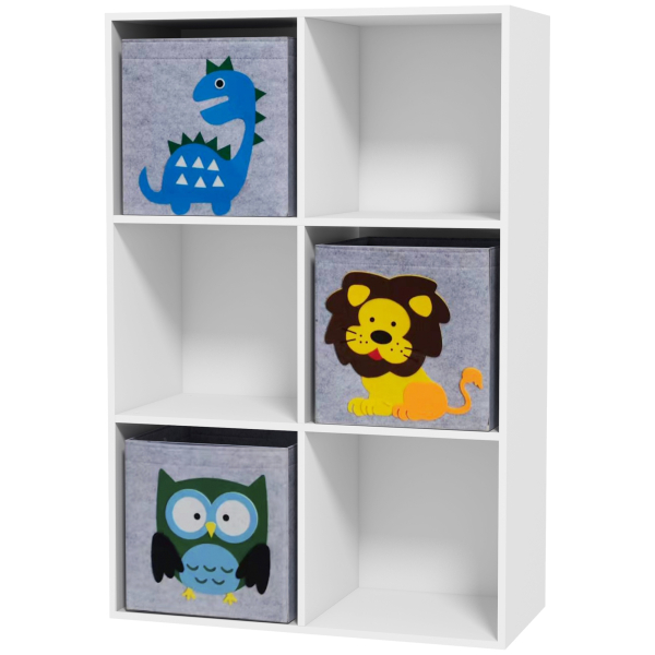 ZONEKIZ Estante para Brinquedos com 6 Compartimentos e 3 Caixas de Tecido não Tecido e Desenho de Animais 61,8x29,9x91,5 cm Branco e Cinza