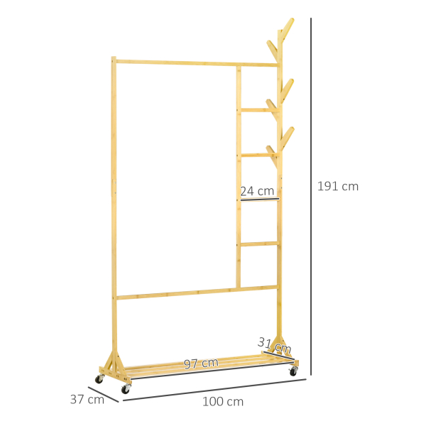 HOMCOM Suporte para Cabides de Bambu com Rodas Porta Cabides Multifuncional com 6 Ganchos Barra e Prateleira 100x37x191 cm Madeira - Image 3