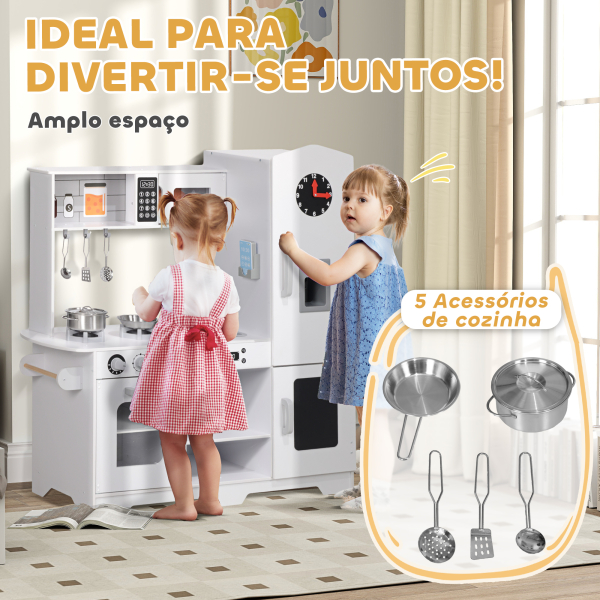 AIYAPLAY Cozinha de Madeira para Crianças com Fogão Lavatório Micro-Ondas Relógio Máquina de Gelo e Acessórios 100,5x41x110 cm Brancp - Image 5