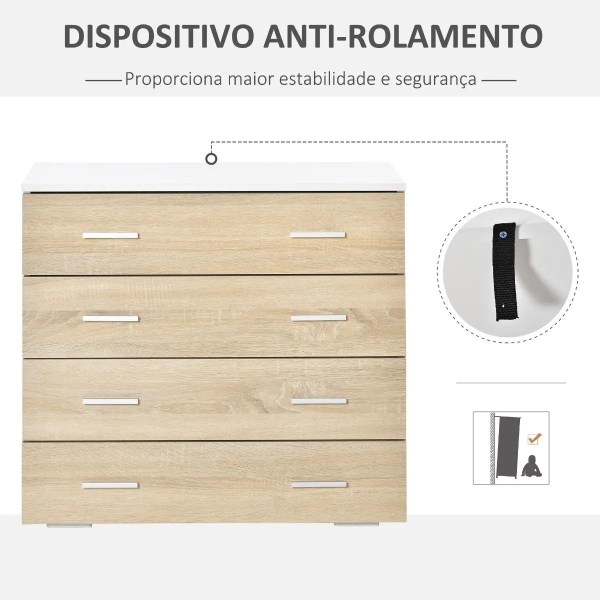 HOMCOM Cómoda com 4 Gavetas Cómoda Auxiliar de Armazenamento Moderna para Dormitório Corredor Sala de Estar 76x35x72cm Carvalho e Branco - Image 5