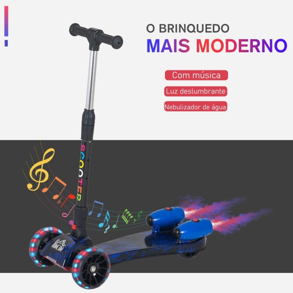 HOMCOM Trotinete dobrável para crianças acima de 3 anos altura ajustável em 4 níveis  luzes musica e Nevoeiro de água  61x26x63-81 cm Azul - Image 7