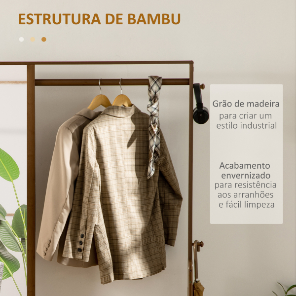 HOMCOM Móvel Cabide de Entrada com Banco Espelho 2 Gavetas 4 Ganchos Barra e Compartimento de Armazenamento 113x33x169,5cm Marrom - Image 7