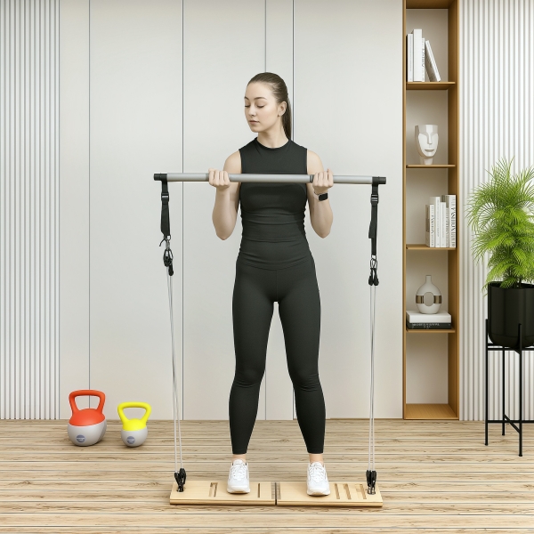 SPORTNOW Barra de Pilates com 6 Faixas Elásticas Tábua Inclinada Ajustável para Treino de Corpo Inteiro em Casa 90x33x3 cm Cinza - Image 2