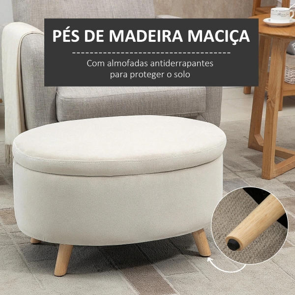 HOMCOM Otomano Puff Estofado em Veludo Acolchoado Banco de Armazenamento com Tampa Removível e Pés de Madeira para Dormitórios Sala de Estar Corredor 71x51,5x42 Bege - Image 6