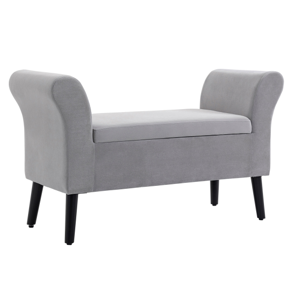 HOMCOM Banco para Pé de Cama Estofado em Veludo com Tampa Apoio para os Braços Pés de Madeira 111,5x41x65cm Cinza Claro