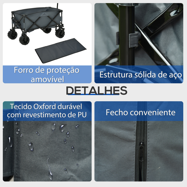 Outsunny Carrinho de Transporte Dobrável com Rodas Giratórias 360° e Guiador Ajustável 59-89 cm para Campismo Praia 108x55x61-91 cm Cinza Escuro - Image 5