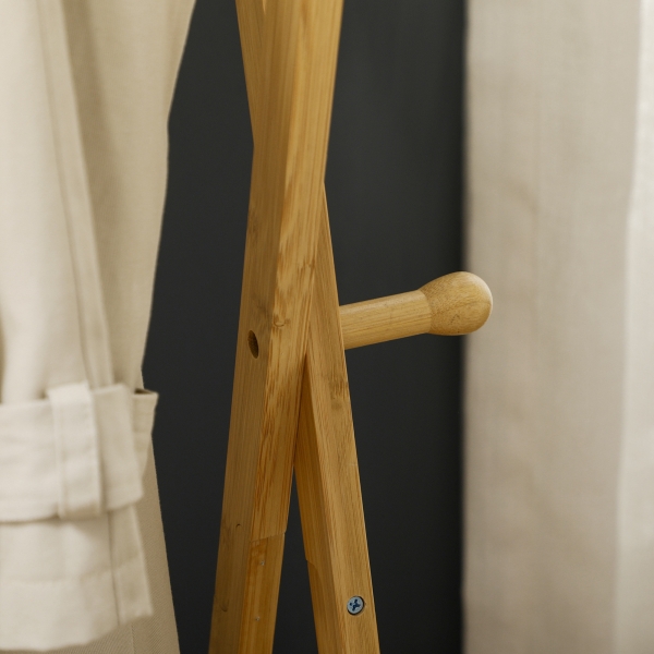 HOMCOM Suporte para Cabides de Bambu com Prateleira para Sapatos 2 Barras e 2 Ganchos 74x42x150 cm Madeira - Image 8