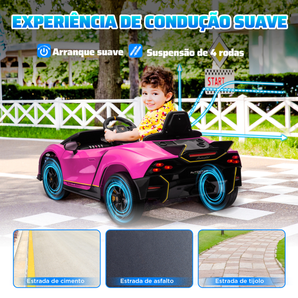 AIYAPLAY Carro Elétrico para Crianças Lamborghini 12V Controlo Remoto Faróis Buzina Arranque Lento e Música MP3 114,5x64x45,5 cm Rosa - Image 6