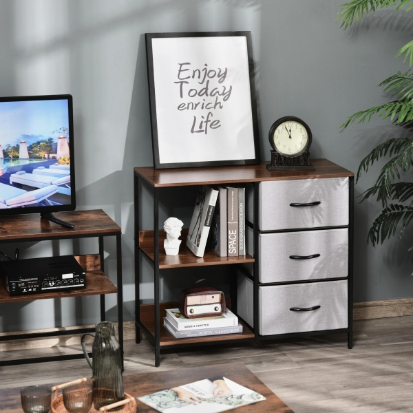HOMCOM Cómoda de Estilo Industrial com Cestos de Tela Dobráveis e 2 Prateleiras para Dormitório Sala de Estar Corredor 80x29x71cm Nogueira e Cinza Claro - Image 8