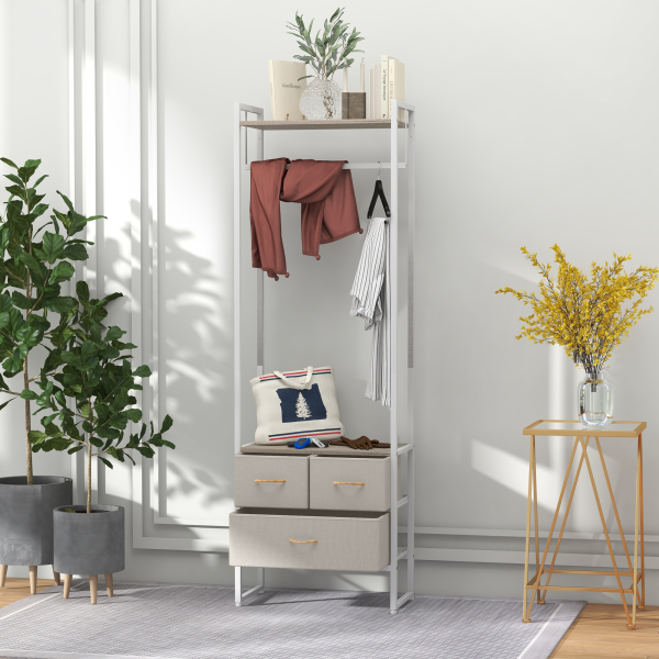 HOMCOM Suporte para Cabides com 3 Gavetas de Tecido Barra para Pendurar e Prateleira para Entrada Quarto 58,5x30x178 cm Natural - Image 2
