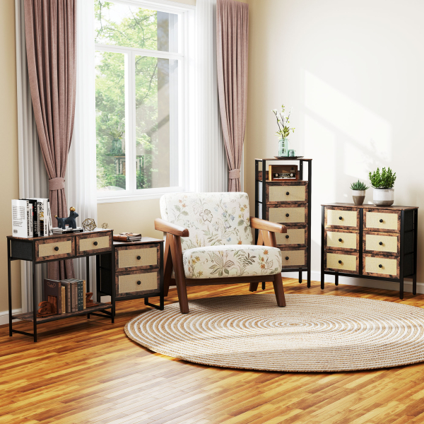 HOMCOM Cómoda de Tecido Cómoda para Dormitório com 4 Gavetas com Frente em Vime Prateleira 50x30x126 cm Marrom Rústico - Image 9