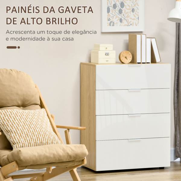 HOMCOM Cómoda com 4 Gavetas de Alto Brilho Cómoda de Madeira de Estilo Moderno 70x35x92 cm Branco e Madeira - Image 5