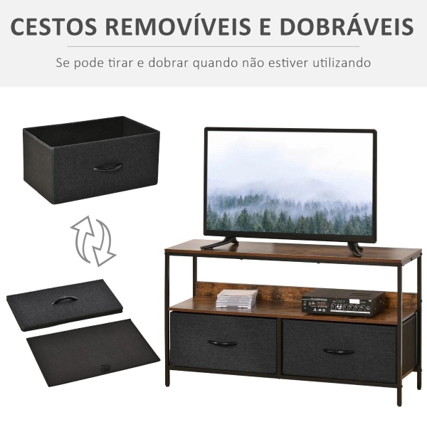 HOMCOM Móvel de TV até 47” Móvel de TV Industrial com Prateleira e 2 Cestos de Tecido Dobráveis para Sala de Estar Dormitório Estrutura de Metal 98x29x56cm Marrom Rústico e Preto - Image 5