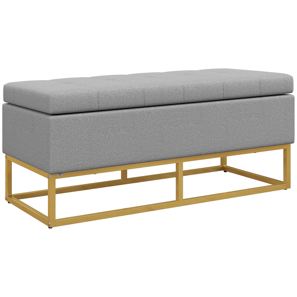 HOMCOM Banco de Armazenamento Retangular Estofado em Linho com Pés de Aço para Sala de Estar Dormitório 110x44x48 cm Cinza