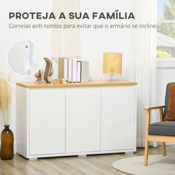 HOMCOM Aparador de Sala de Estar Armário de Armazenamento com 3 Portas e Prateleiras Ajustáveis 120x37x75 cm Branco e Madeira - Image 7