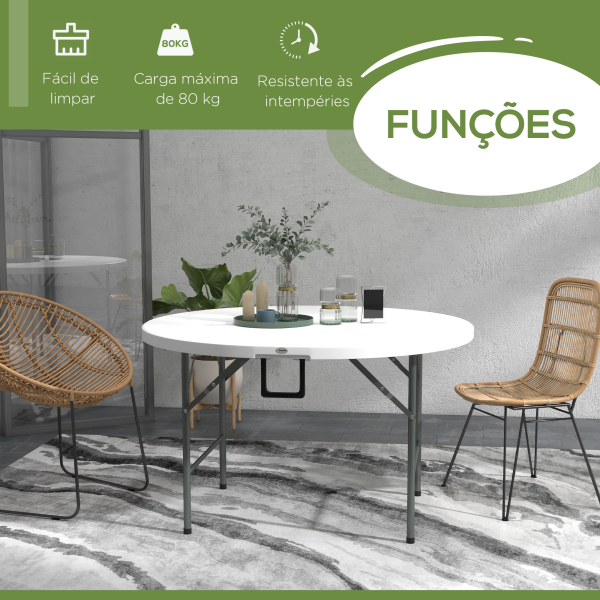 Outsunny Mesa de Jardim Redonda Mesa de Varanda Dobrável com Estrutura de Aço e Bancada de HDPE Ø122x73 cm Branco - Image 5