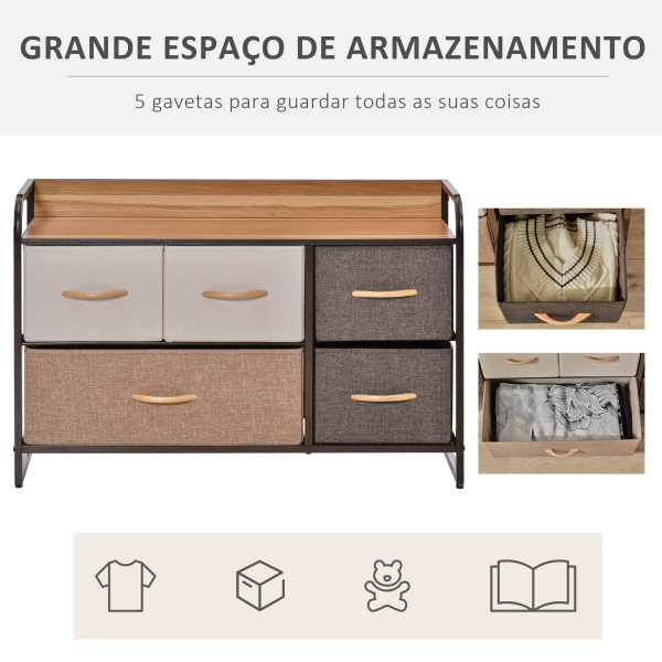 HOMCOM Cómoda com 5 Gavetas de Tecido Amovíveis e Dobráveis Base Elevada Armário de Armazenamento 87,5x29x58cm Multicor - Image 5