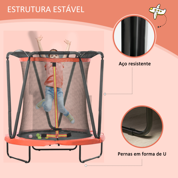 ZONEKIZ Trampolim Infantil Ø140x155 cm Trampolim para Crianças de 3-10 Anos com Cesta de Basquetebol e 20 Bolas de Plástico Vermelho - Image 5